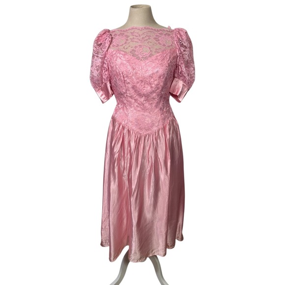Dresses & Skirts - Vintage 80s Pink Lace Puff Sleeve Satin Dress Bow Back Formal Petite Small Prom